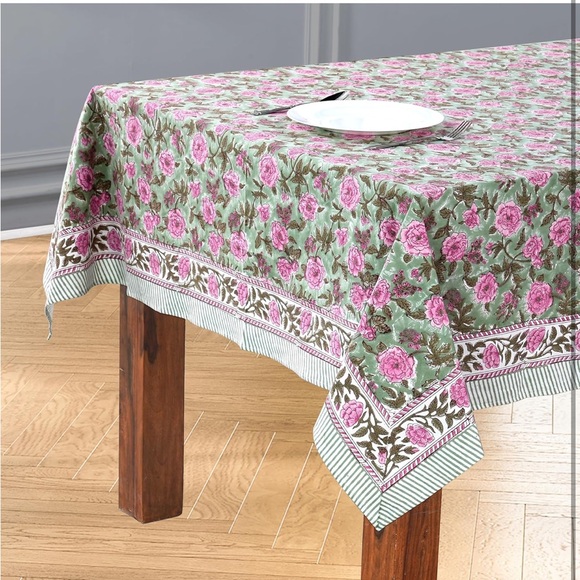 CPC NEW 100% cotton Indian block print rectangular table cloth green/pink 70x108 - Picture 4 of 7